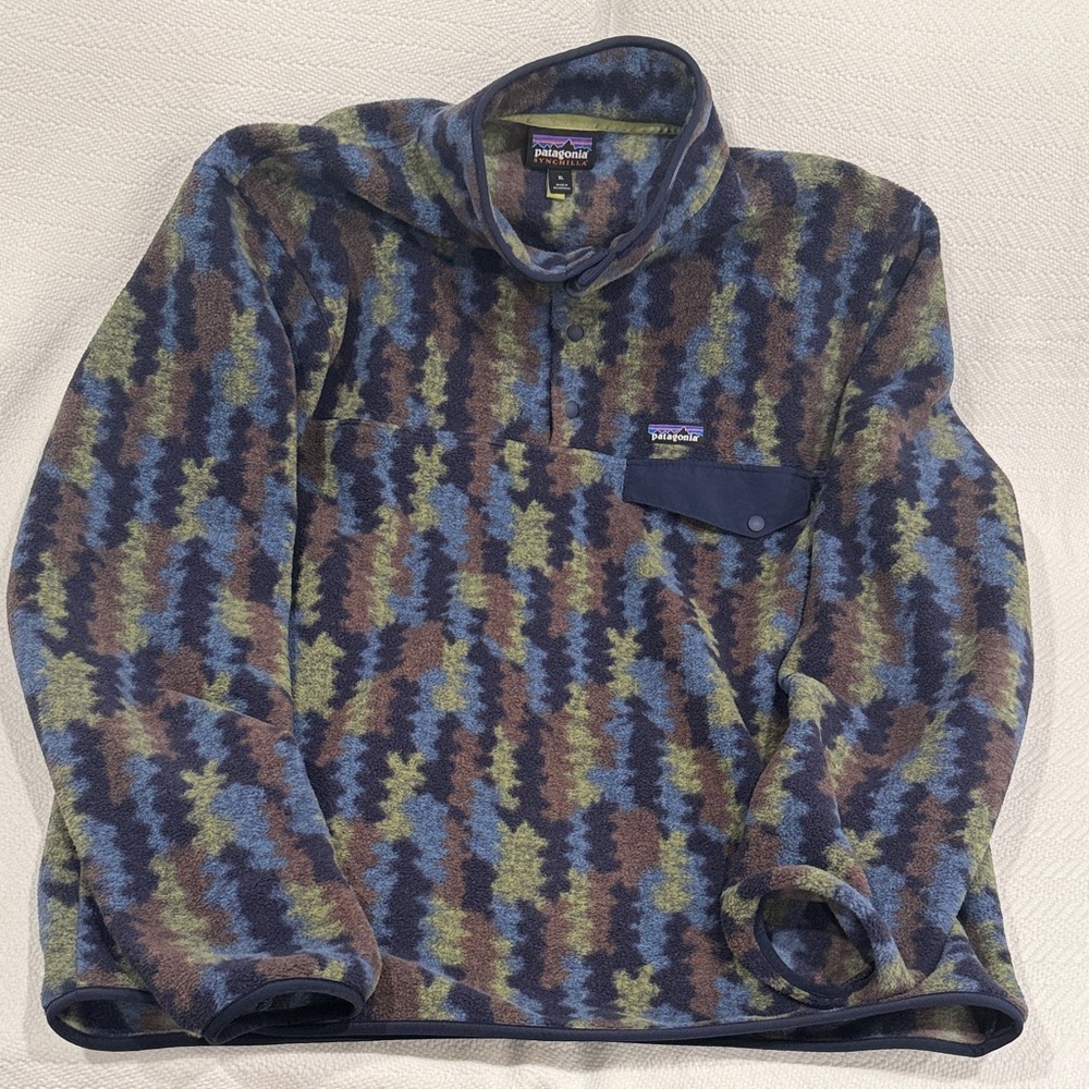 Patagonia Blue and Green Patterned Fleece Pullover Snap-T Synchilla